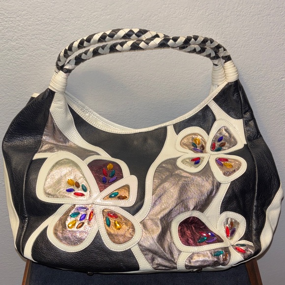 Sharif Black and White Floral Appliqué Shoulder Bag with Jewel Accents - Picture 2 of 12